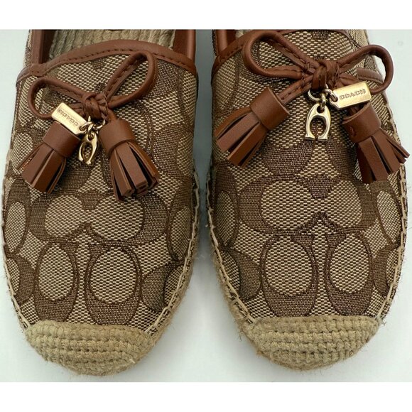 COACH Signature Espadrilles Sz 6B Tan Logo Canvas Bow Tassel Slip On Flats - Picture 3 of 8
